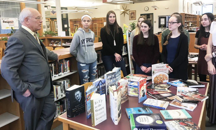Rep. Paul Tonko speaks with students in the Stillwater Middle/High School library.