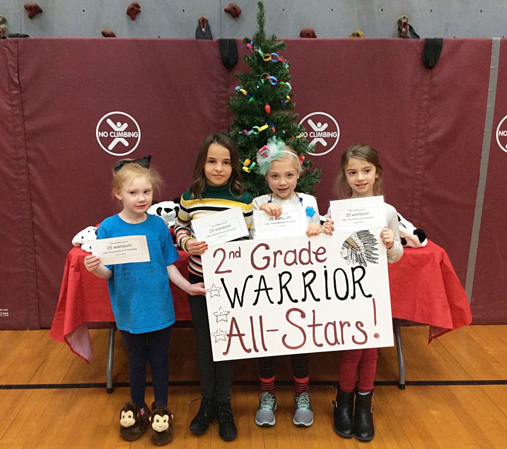 Students grouped together with a sign showing their grade level.