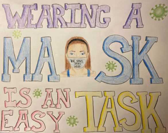 Poster says "Wearing a Mask is an Easy Task" with a girl wearing a mask in the center.