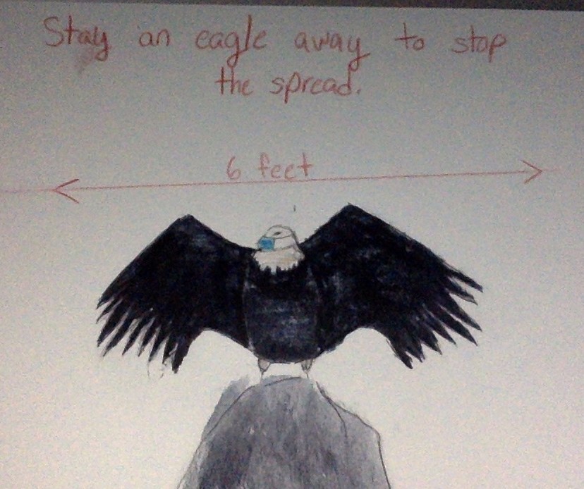 Poster with eagle sitting on a rock with wings expanded.