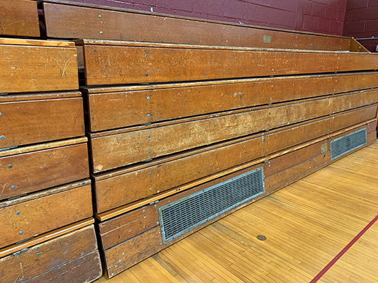 wooden bleachers in MS gym