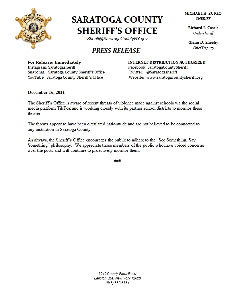 Saratoga County Sheriff Press Release SCHOOL THREATS 12.16.21