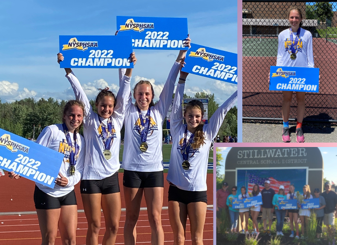 students holding champion signs, standing in front of school sign with coaches