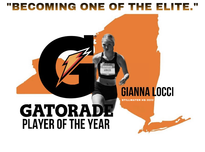 graphic of new york state shape with Gianna running, her name and words Becoming one of the elite. Gatorade Player of the Year Gianna Locci Stillwater HS 2022