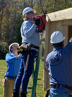 3 adults working on the shed