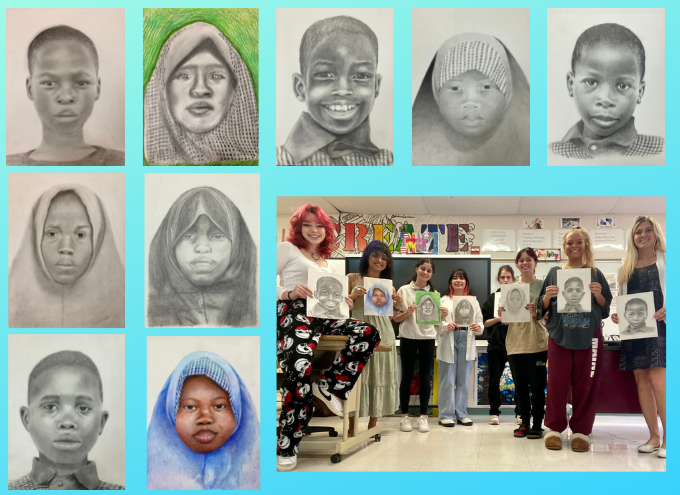 student-created portraits of children and students standing in a group holding those portraits