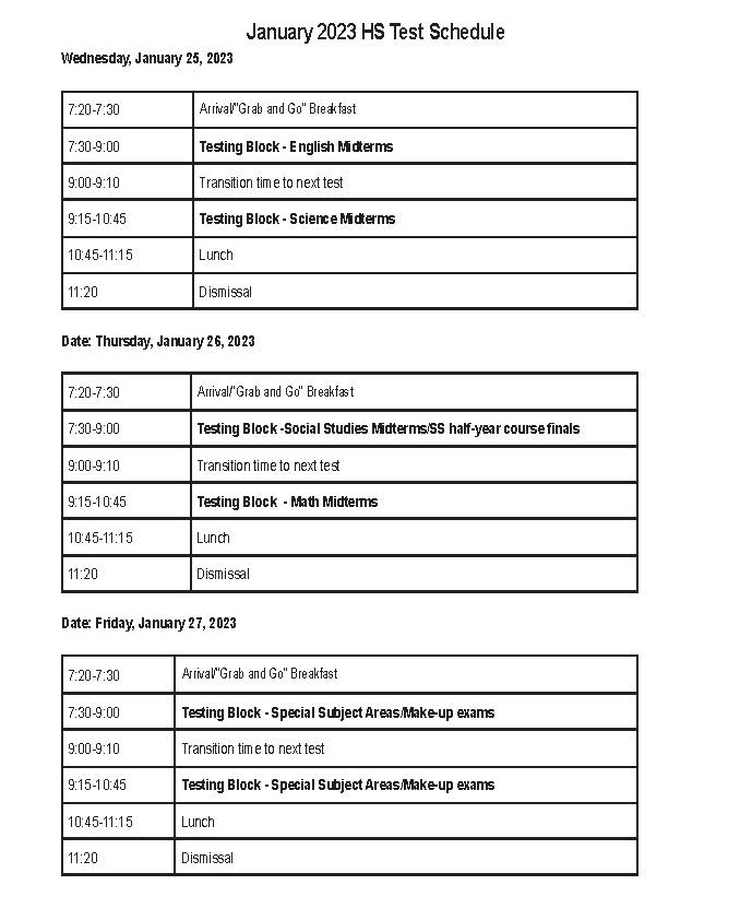 exam schedule by day