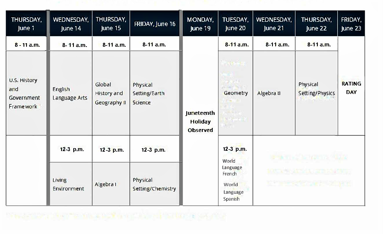 Regents exam schedule - contact Counseling Office with questions