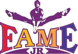 the words Fame JR. as a graphic with a person leaping over them