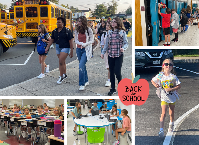 Photo collage of students in the district on the first day of school. An elementary student wearing sunglasses walking. A group of high school students walking from the school buses together. Middle school students putting supplies in their lockers. A group of middle school students sitting at a table with their laptops.