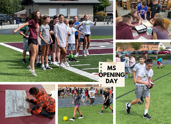 Collage of photos from Middle School Opening Day. Group of students cheering. Group of students reading materials on a table. Student coloring a picture. Student kicking a yellow soccer ball. Student running with a football.
