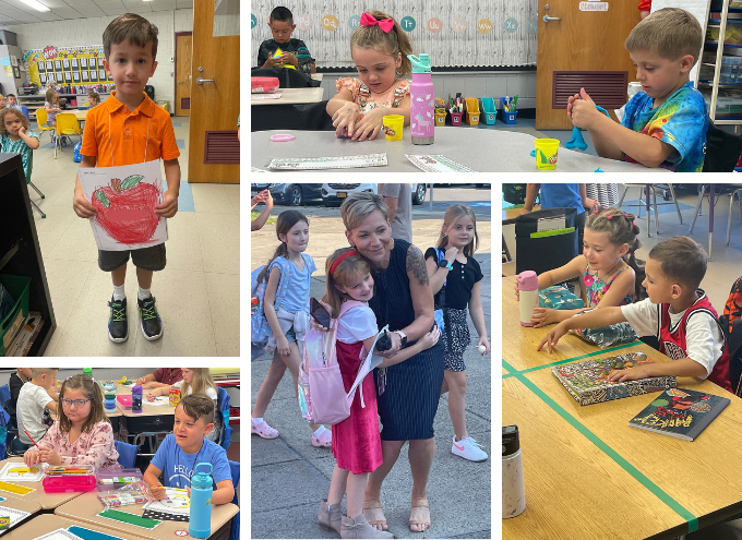 Collage of Elementary photos. Student holding up a picture of an apple he colored. Two students sitting at their desks. Two kindergarten students playing with Play Doh. Two kindergarten students sitting next to each other at their desks. Principal Toleman hugging a student.