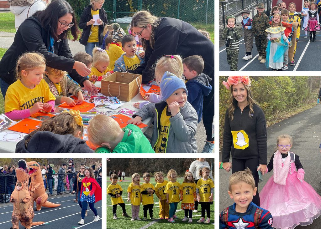 Collage of five photos showing students doing fall-themed activities.