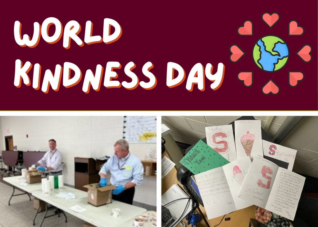 World Kindness Day image featuring two photos of the ice-cream social and handmade student cards.