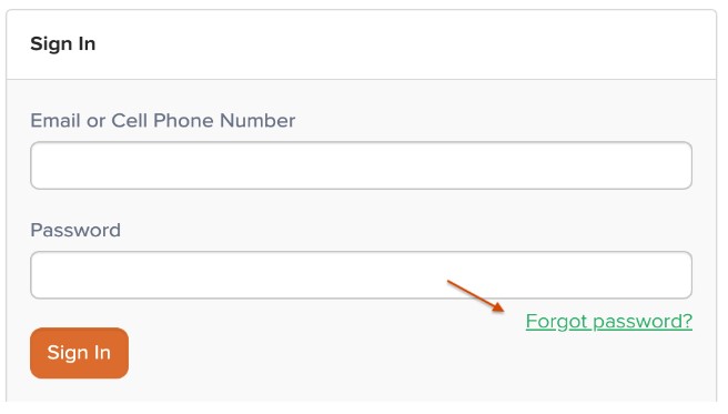 ParentSquare sign-in image. Two blank fields to enter an email or phone number, then a passowrd. Arrow pointing to the "Forgot Password" link.