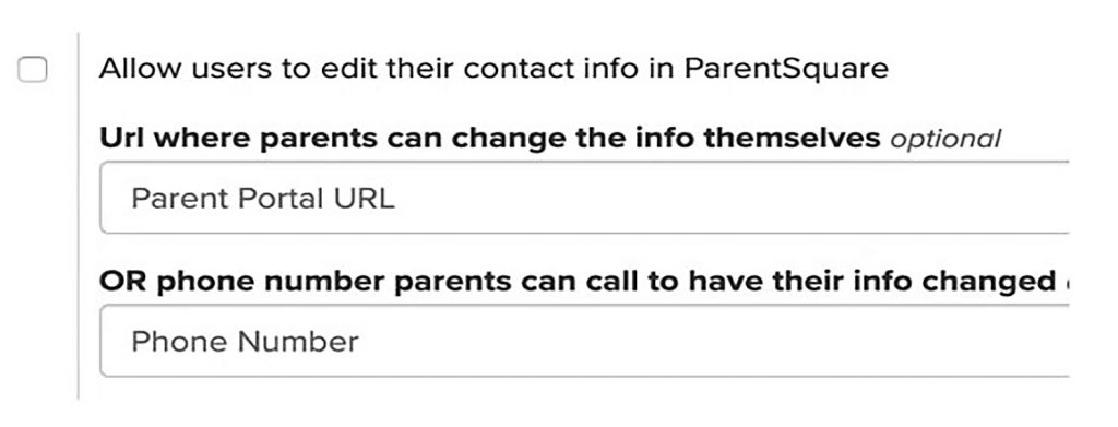 ParentSquare menu showing the choices to allow users to edit their contact info in ParentSquare via URL or phone number.