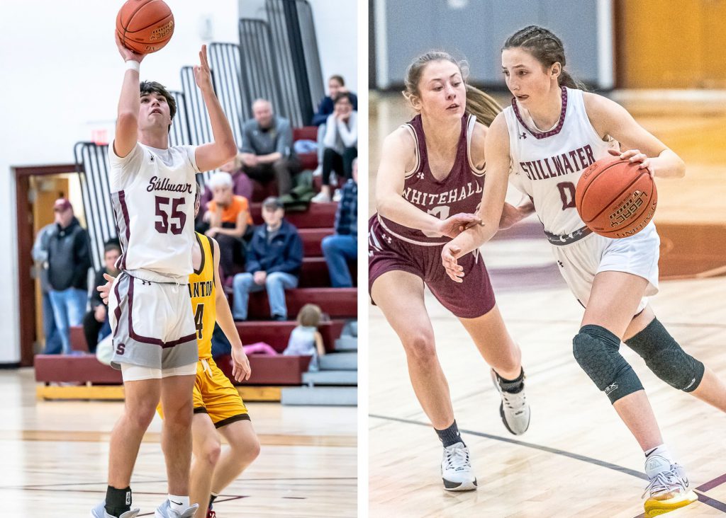 Image featuring two basketball players. Boy basketball player on left is shooting a basket. Girl basketball player on right is dribbling the ball with a player from the opposing team attempting to stop her.