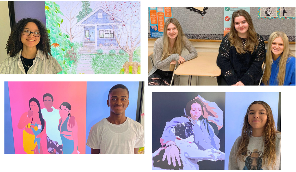 Collage image of four photos. Photo on top shows three students sitting at desks and smiling together for a photo. Photo on the bottom shows a student standing next to his digitally-created artwork. Photo on the left shows a student smiling next to her drawing of a house. Photo on the right shows a student smiling next to her digitally-created artwork.