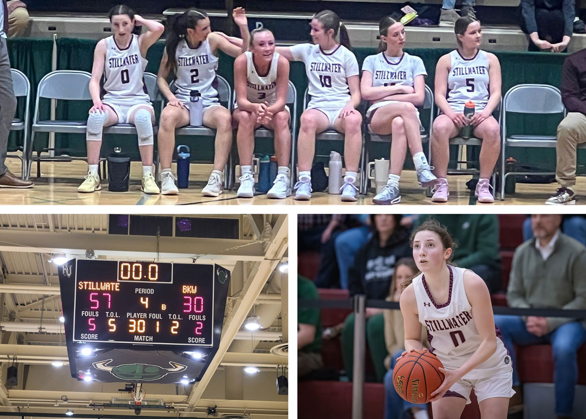 Gallery shots of stillwater athletes sat together, a scoreboard of Stillwater VS. BKW and an athlete holding a basketball.
