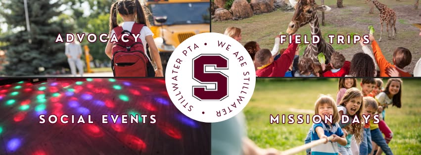 PTA Banner image with 4 images titled "Advocacy" "Field Trips" "Social Events" and "Mission Days"