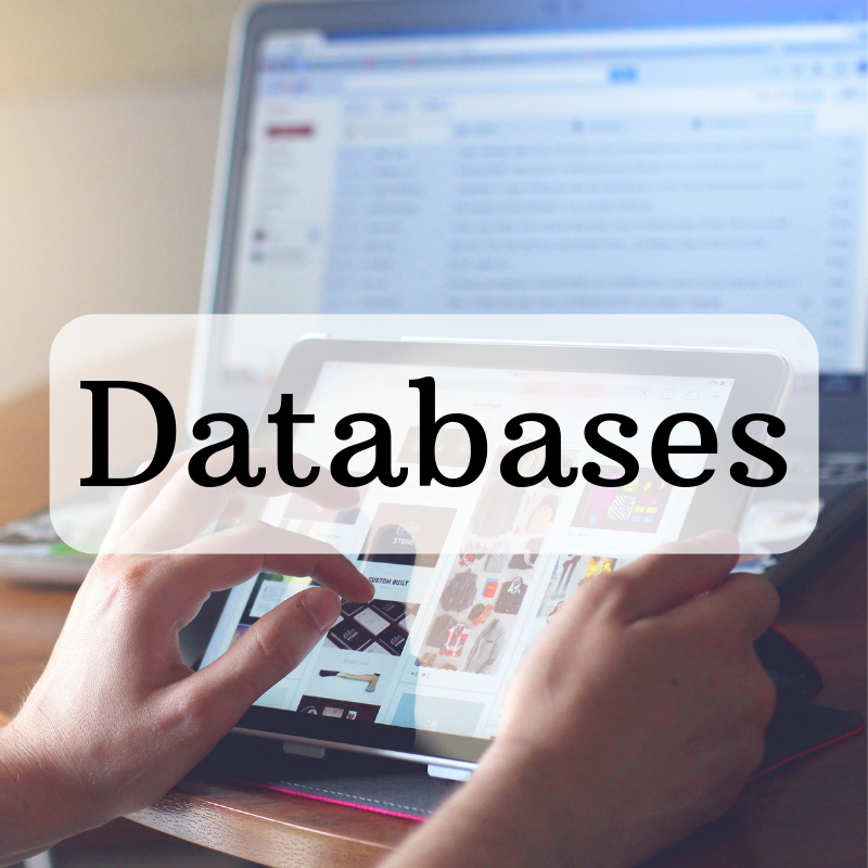 A Laptop screen in the back and hands on a tablet titled "Databases"