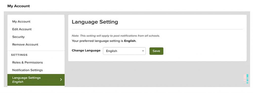 ParentSquare screenshot showing Language Settings and a dropdown to change the language.