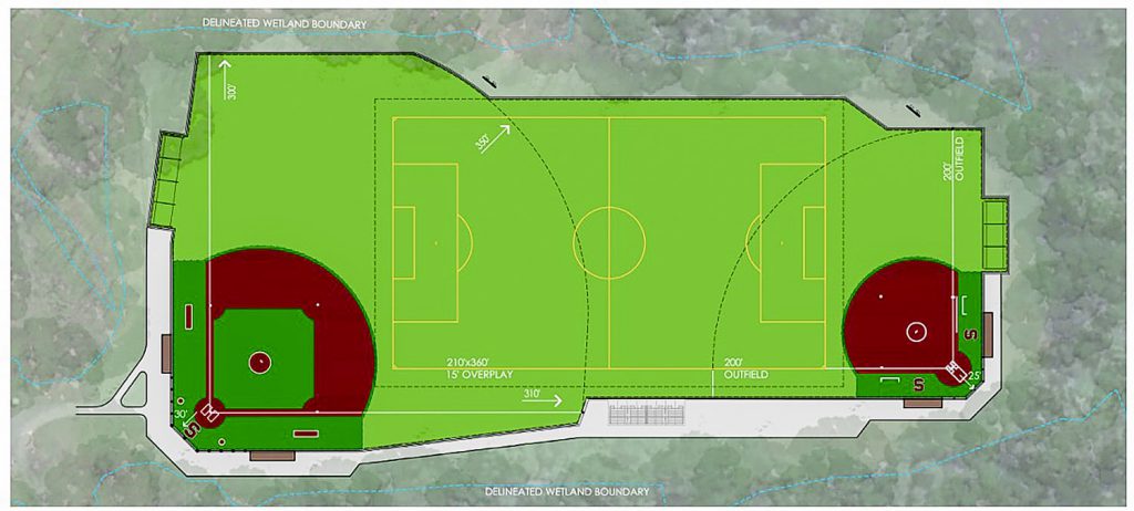 Rendering of the multi-sport complex in the capital project with measurements. It shows a redone baseball, soccer and softball field.