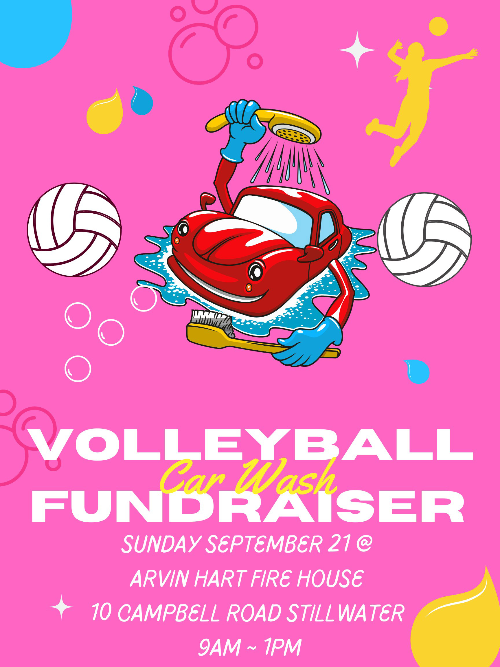 Graphic promoting a volleyball car wash fundraiser on September 21 at Arvin Hart Fire House, from 9 AM to 1 PM, on a bright pink background.