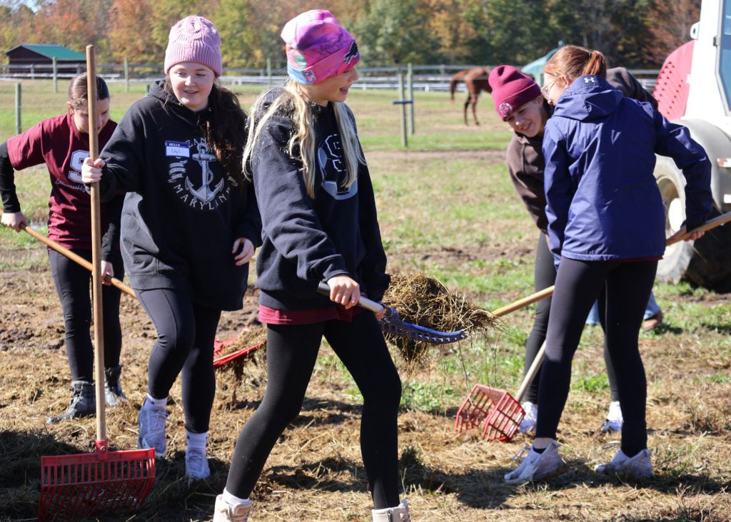 Students raking hay and grass in a field.
