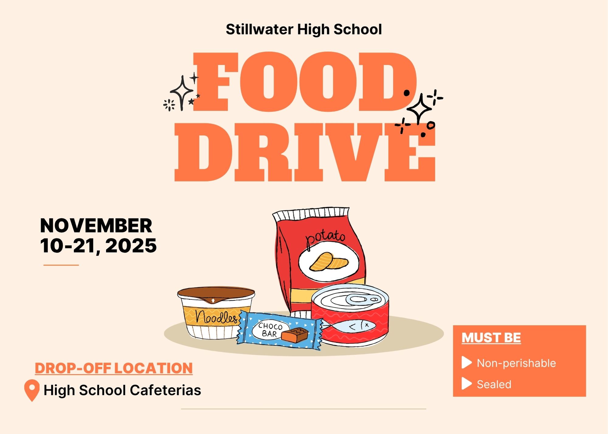 Orange flyer displaying information for the Stillwater High School Food Drive, going on from November 10-21, 2025. Drop-off location is at the high school cafeterias. Items must be non-perishable and sealed. There's an image of several food items in the center, including a cup of sealed noodles, a bag of potato chips, a chocolate bar and a sealed can of tuna.
