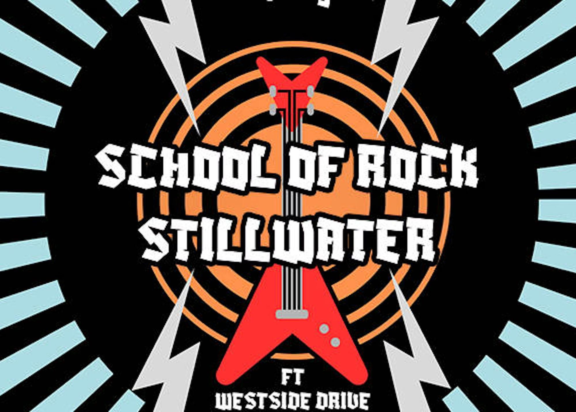 Logo for a music event featuring "School of Rock Stillwater," with a red electric guitar design and lightning bolt graphics.