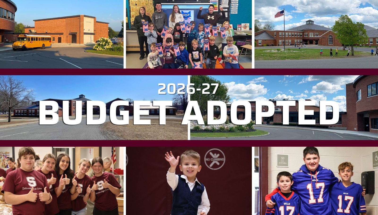 A collage featuring various images related to a school budget adoption for 2026-27. The images include a school building, students in groups, classrooms, outdoor scenes of a school campus, and students dressed in sports attire. The text "2026-27 BUDGET ADOPTED" is prominently displayed.
