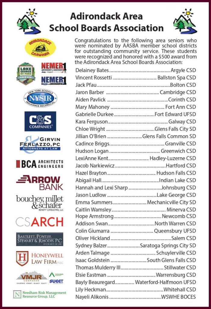 A list of award recipients from the Adirondack Area School Boards Association, recognizing high school seniors from various school districts. The names of students and their respective school districts are displayed.