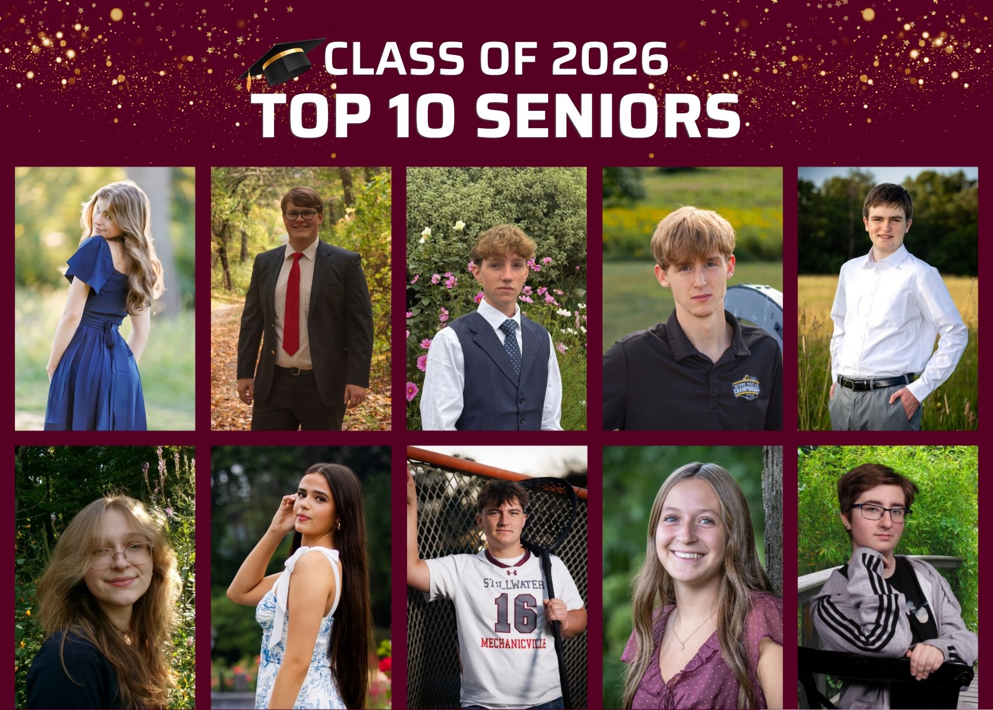 A collage titled "Class of 2026 Top 10 Seniors" with ten portrait photos of smiling students. The background is maroon with gold accents and a black graduation cap on top of "Top."