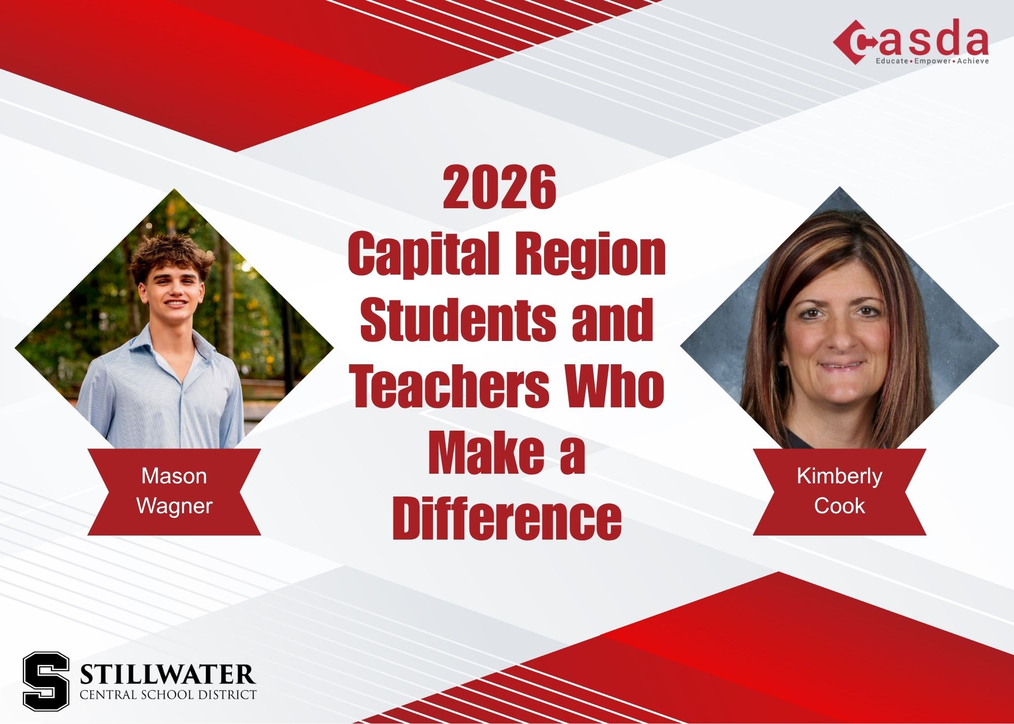 2026 Capital Region Students and Teachers Who Make a Difference featuring Mason Wagner and Kimberly Cook. Stillwater Central School District logo in black is in the lower left corner. The CASDA logo is in the upper right corner. Everything is on a red/white geometric background.