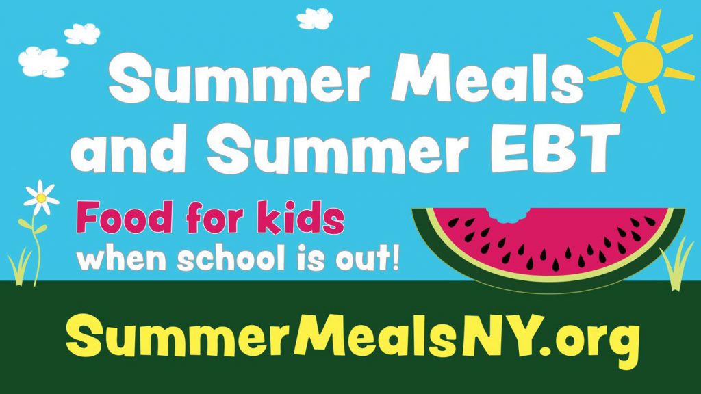 Graphic promoting Summer Meals and Summer EBT for kids, featuring a sun, clouds, flowers, and a watermelon, with the website SummerMealsNY.org.
