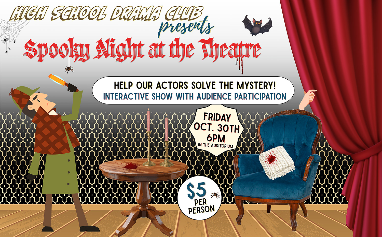 Event poster for “Spooky Night at the Theatre” on Friday, October 30th at 6 PM. Tickets are $5 per person.