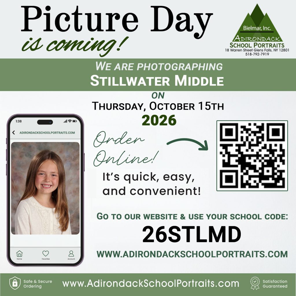 Picture Day is coming! We are photographing Stillwater Middle on Thursday, October 15th, 2026. Order Online! It's quick, easy, and convenient! Go to our website & use your school code: 26STLMD.